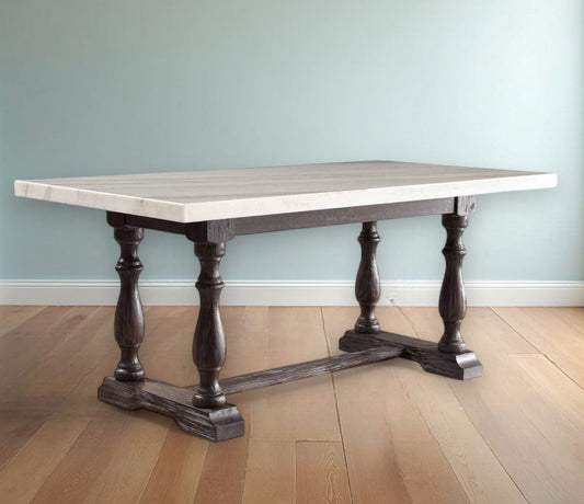38" White And Gray Marble And Solid Wood Trestle Base Dining Table - Homeroots