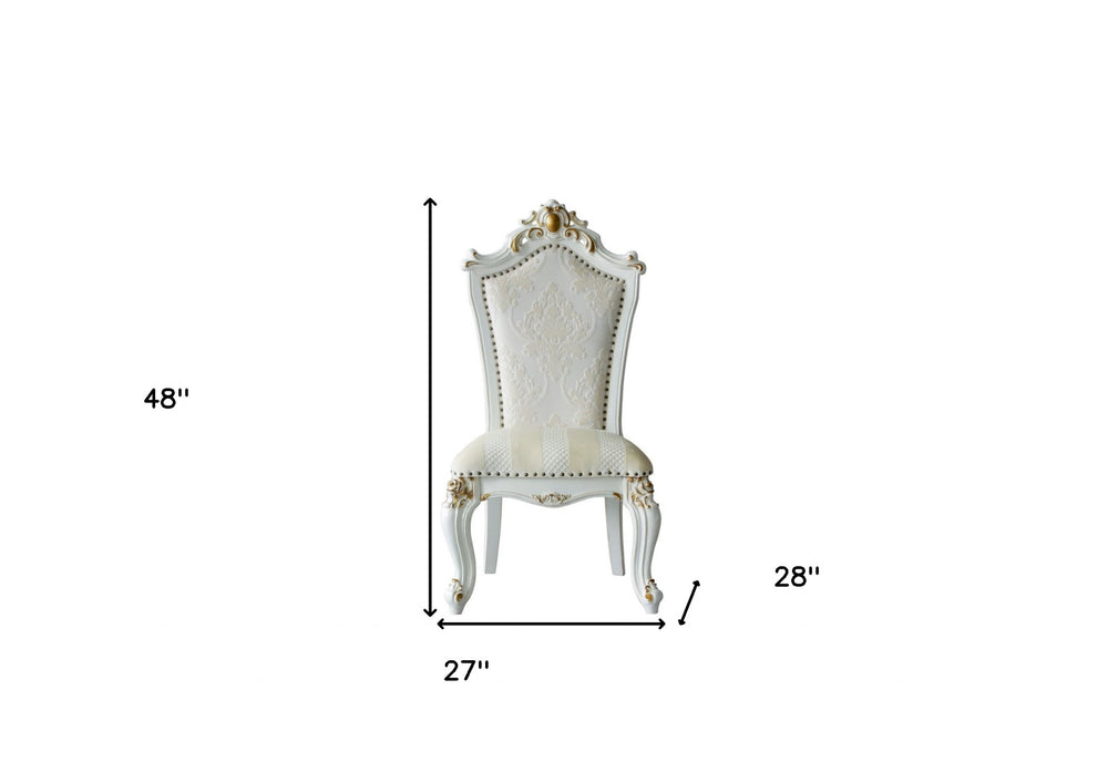 Set Of Two 27" Beige And White Faux Leather Damask Side Chair - Homeroots