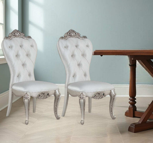 Set of Two Cream And Antiqued White Upholstered Fabric Queen Anne Back Dining Side Chairs - Homeroots - Flyclothing LLC