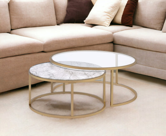 Set of Two 36" Clear White And Gold Glass Faux Marble And Iron Round Nested Coffee Tables - Homeroots