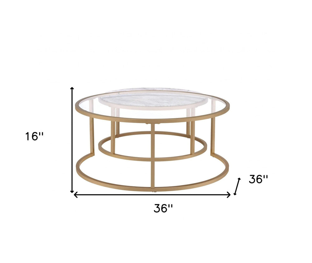 Set of Two 36" Clear White And Gold Glass Faux Marble And Iron Round Nested Coffee Tables - Homeroots - Flyclothing LLC