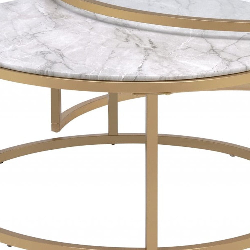 Set of Two 36" Clear White And Gold Glass Faux Marble And Iron Round Nested Coffee Tables - Homeroots - Flyclothing LLC