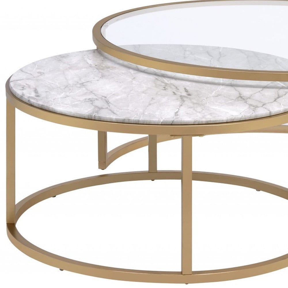 Set of Two 36" Clear White And Gold Glass Faux Marble And Iron Round Nested Coffee Tables - Homeroots - Flyclothing LLC