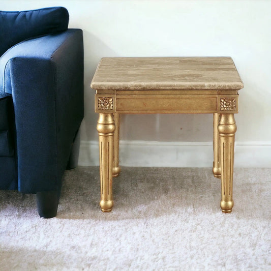 24" Antique Gold And White Faux Marble Square End Table - Homeroots