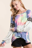 BiBi Tie Dye Terry Top with Contrast Puff Sleeves - Trendsi - Flyclothing LLC