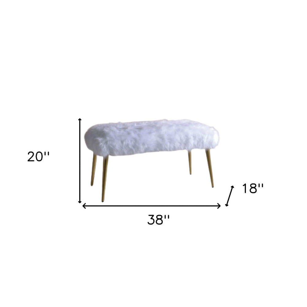 18" White and Gold Upholstered Faux Fur Bench - Homeroots
