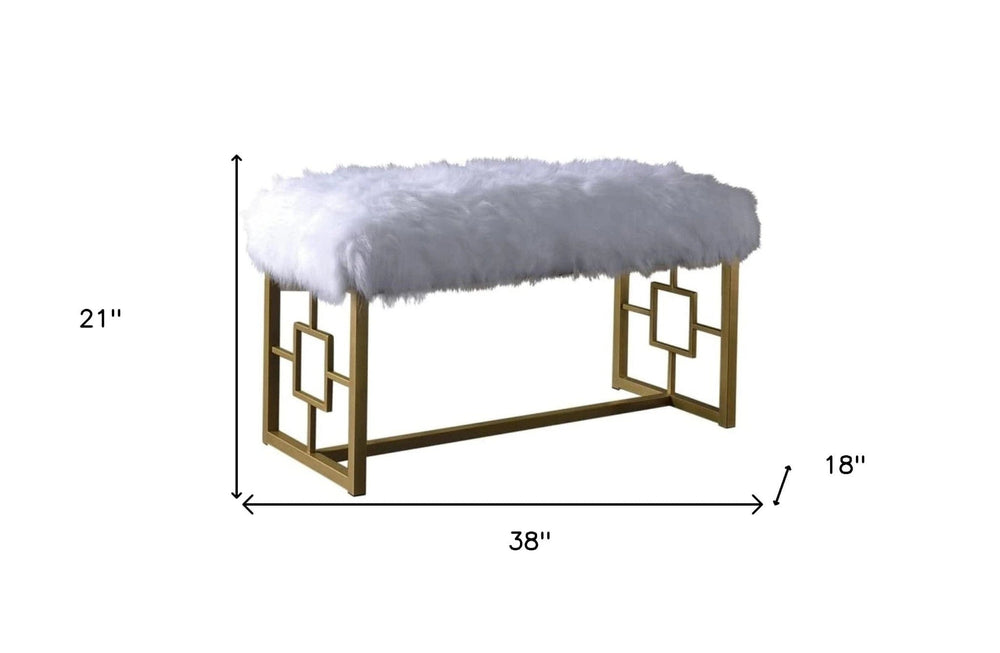 18" White and Gold Upholstered Faux Fur Bench - Homeroots