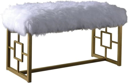 18" White and Gold Upholstered Faux Fur Bench - Homeroots
