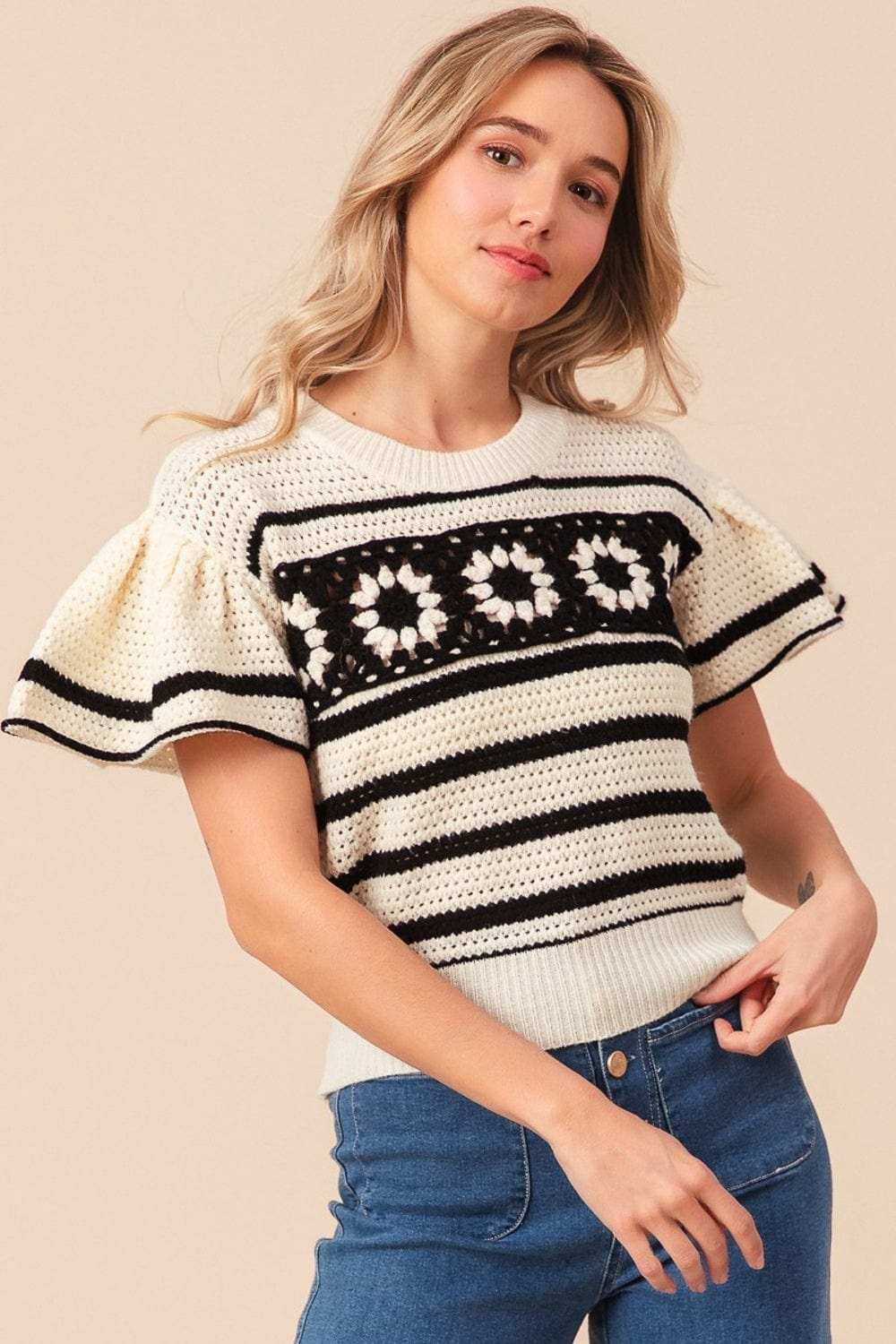 BiBi Granny Square Short Sleeve Striped Sweater - Trendsi - Flyclothing LLC