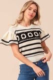 BiBi Granny Square Short Sleeve Striped Sweater - Trendsi - Flyclothing LLC