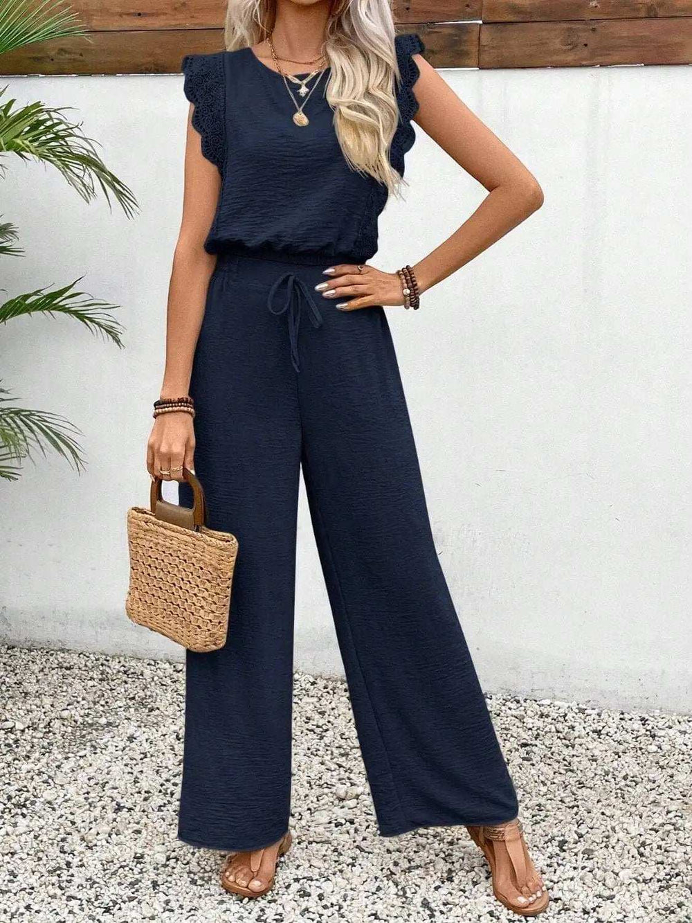 Lace Trim Round Neck Top and Pants Set - Trendsi - Flyclothing LLC