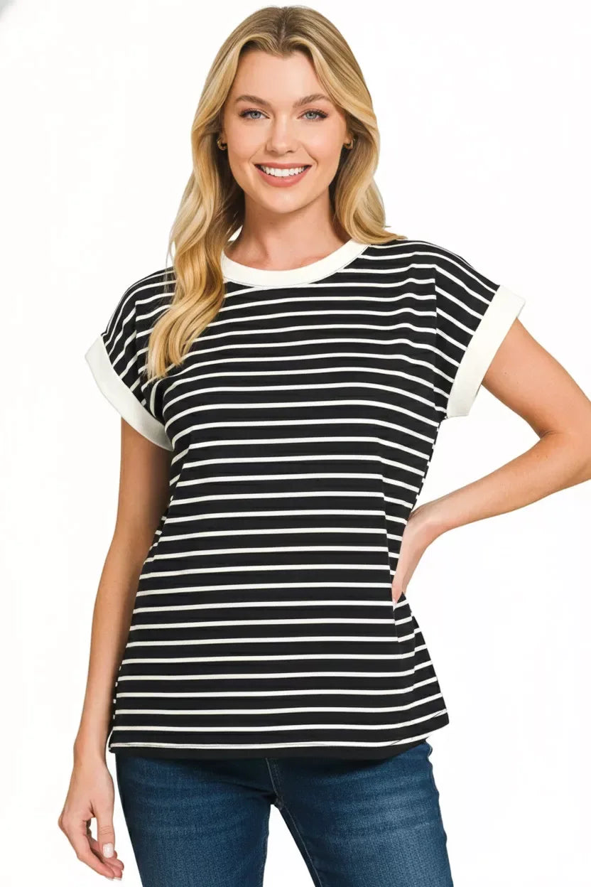 Zenana Full Size Contrast Trim Cap Sleeve Stripe Tee Plus Size - Trendsi - Flyclothing LLC
