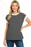 Zenana Full Size Contrast Trim Cap Sleeve Stripe Tee Plus Size - Trendsi - Flyclothing LLC