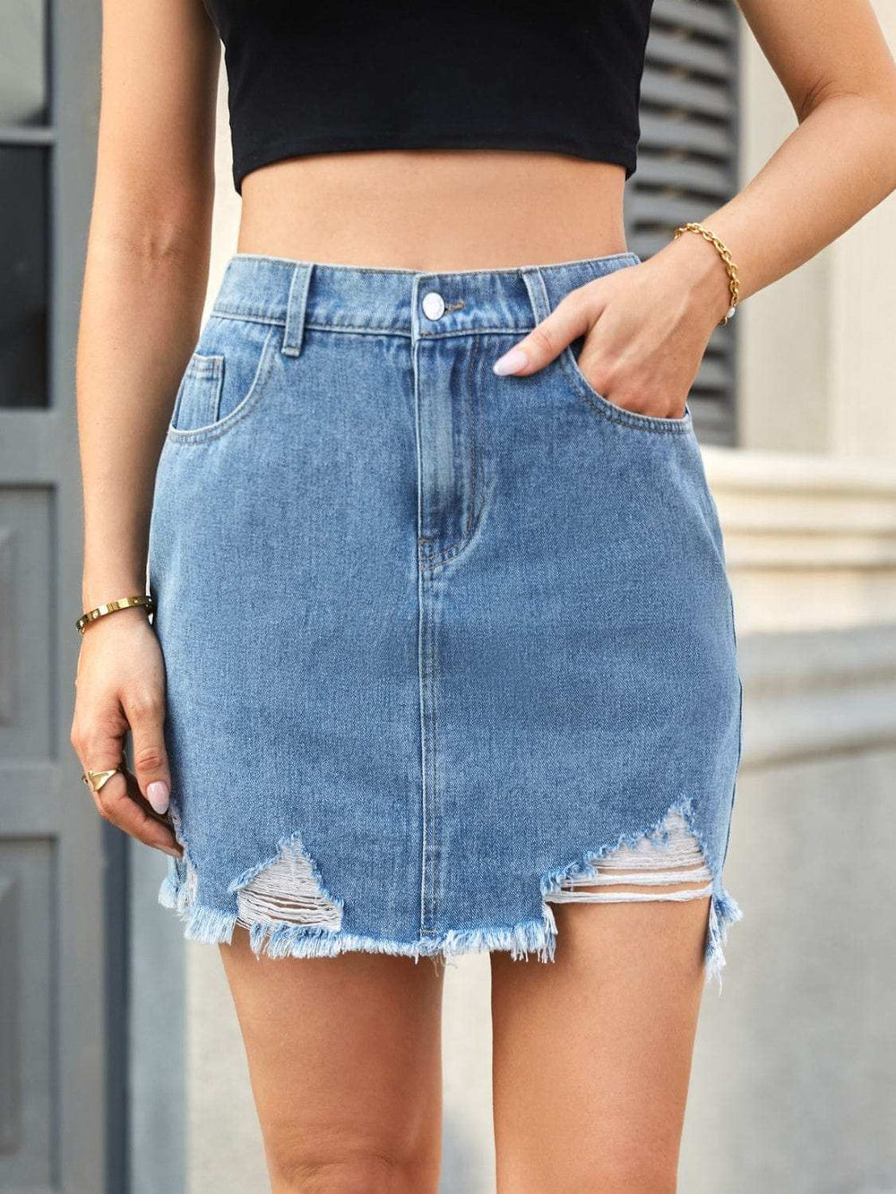 Distressed Raw Hem Denim Skirt - Trendsi - Flyclothing LLC