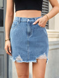 Distressed Raw Hem Denim Skirt - Trendsi - Flyclothing LLC