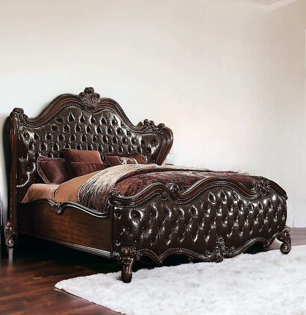 King Tufted Dark Brown Upholstered Faux Leather Bed With Nailhead Trim - Homeroots - Flyclothing LLC