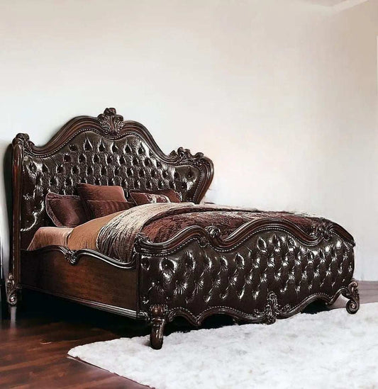 Solid Wood Queen Tufted Dark Brown Upholstered Faux Leather Bed With Nailhead Trim - Homeroots - Flyclothing LLC