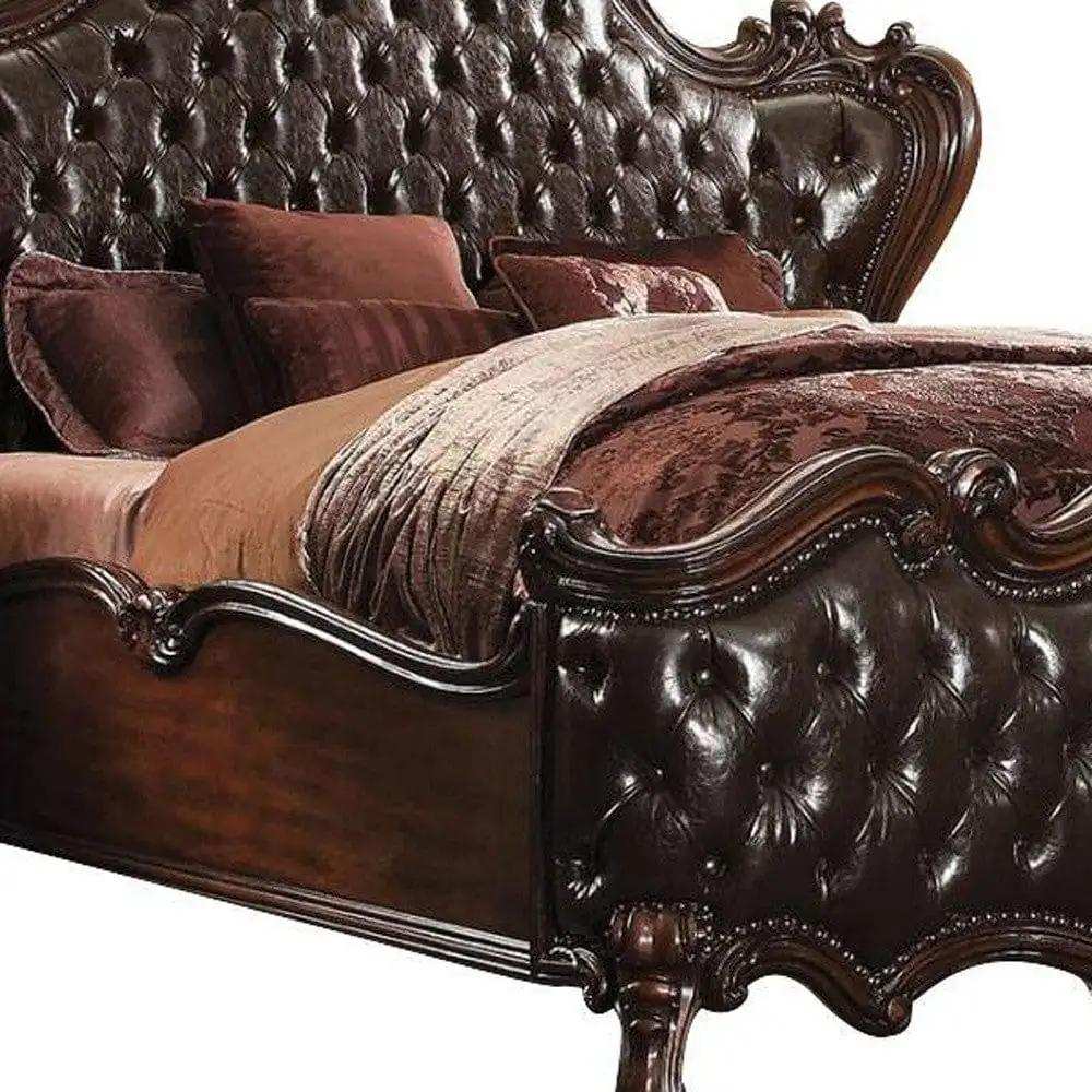 Solid Wood Queen Tufted Dark Brown Upholstered Faux Leather Bed With Nailhead Trim - Homeroots - Flyclothing LLC