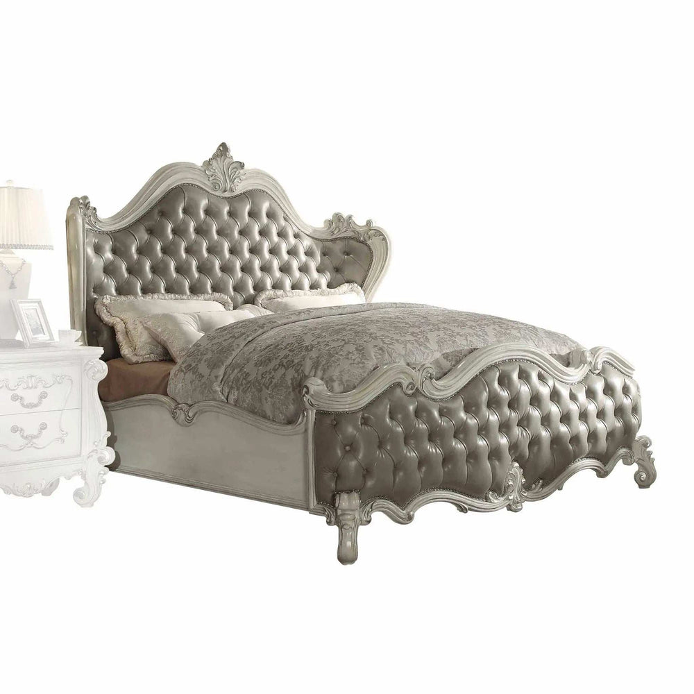 King Tufted Ivory And Gray Upholstered Faux Leather Bed With Nailhead Trim - Homeroots - Flyclothing LLC