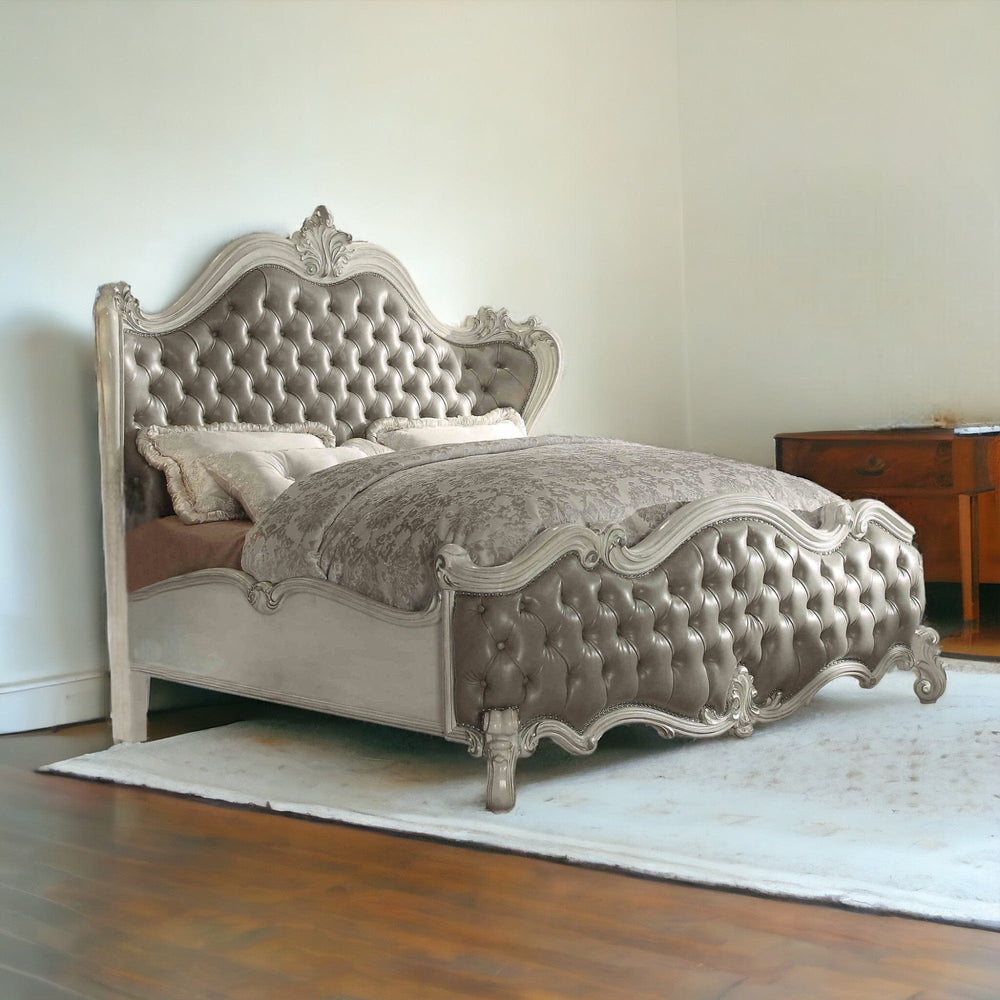 76" X 95" X 73" Vintage Gray Pu Bone White Wood Poly Resin Upholstery Queen Bed - Homeroots - Flyclothing LLC