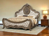 Oak and Bronze Solid Wood King Tufted Upholstered Faux Leather Bed Frame with Nailhead Trim - Homeroots - Flyclothing LLC