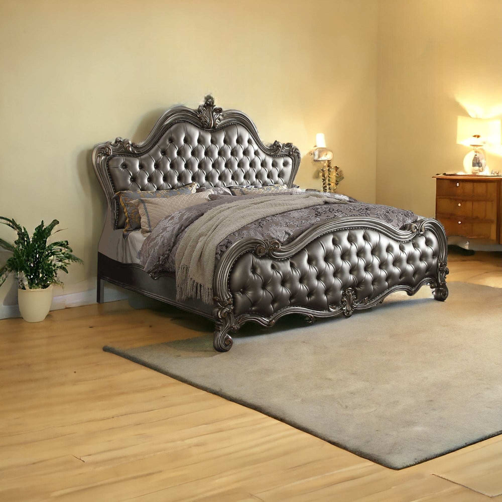 King Tufted Silver Upholstered Faux Leather Bed With Nailhead Trim - Homeroots - Flyclothing LLC