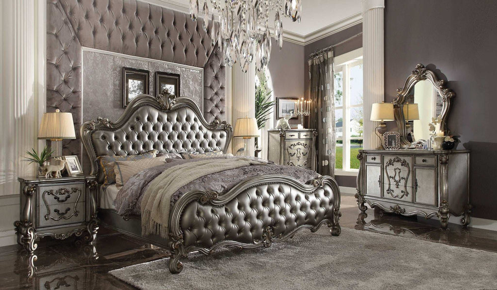 King Tufted Silver Upholstered Faux Leather Bed With Nailhead Trim - Homeroots - Flyclothing LLC