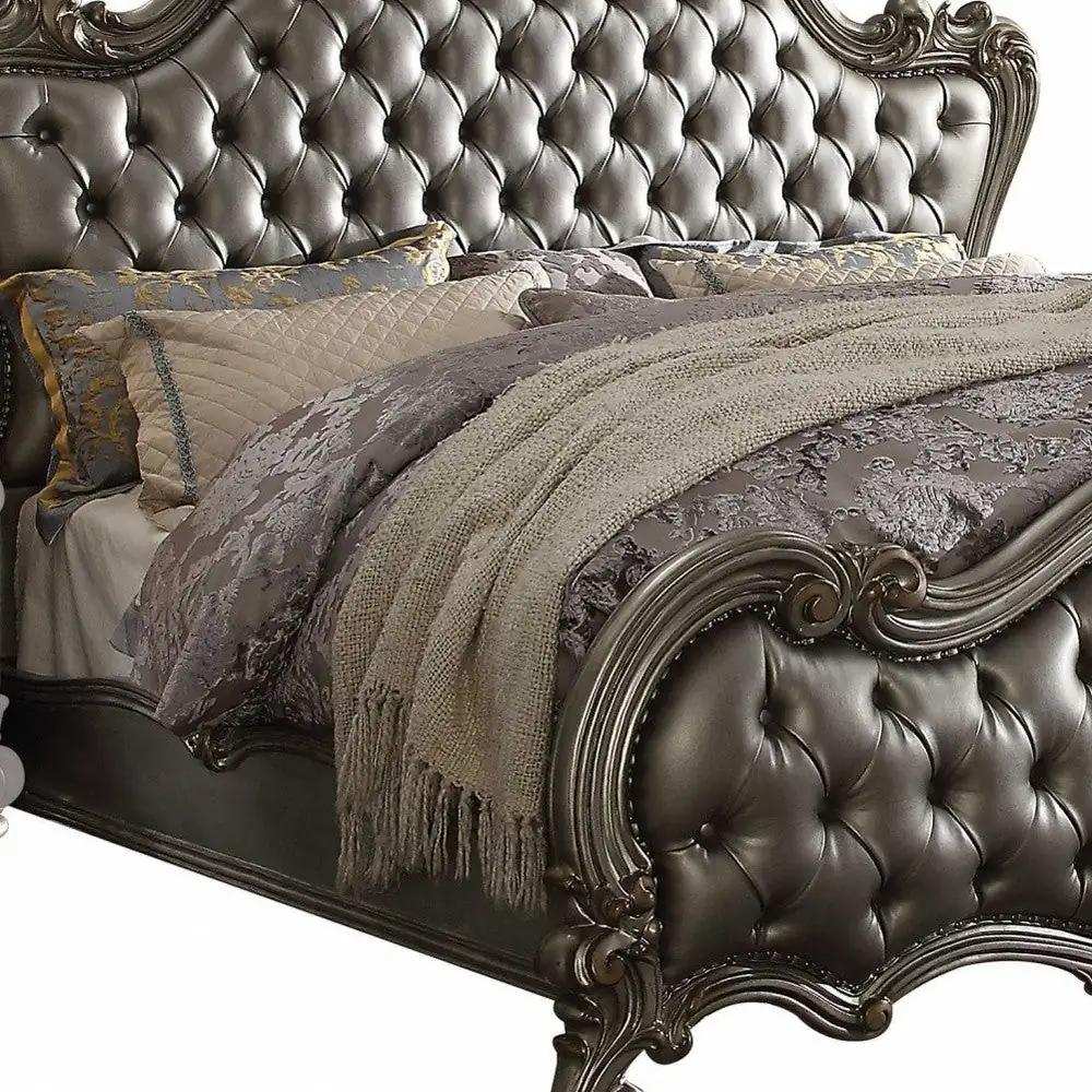 King Tufted Silver Upholstered Faux Leather Bed With Nailhead Trim - Homeroots - Flyclothing LLC
