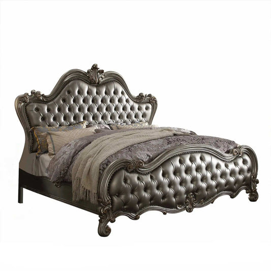 King Tufted Silver Upholstered Faux Leather Bed With Nailhead Trim - Homeroots - Flyclothing LLC