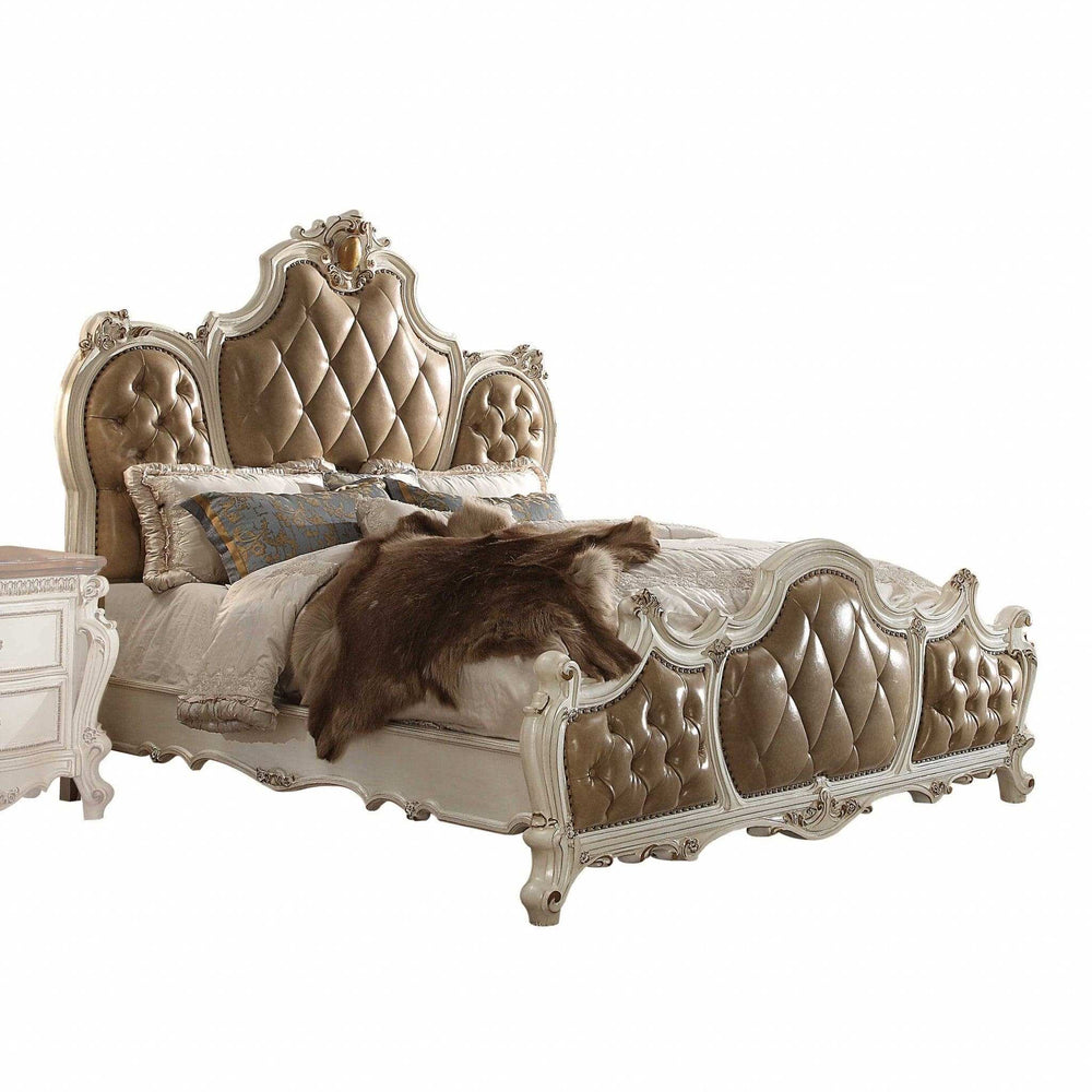 Queen Tufted Beige Upholstered Faux Leather Bed With Nailhead Trim - Homeroots - Flyclothing LLC