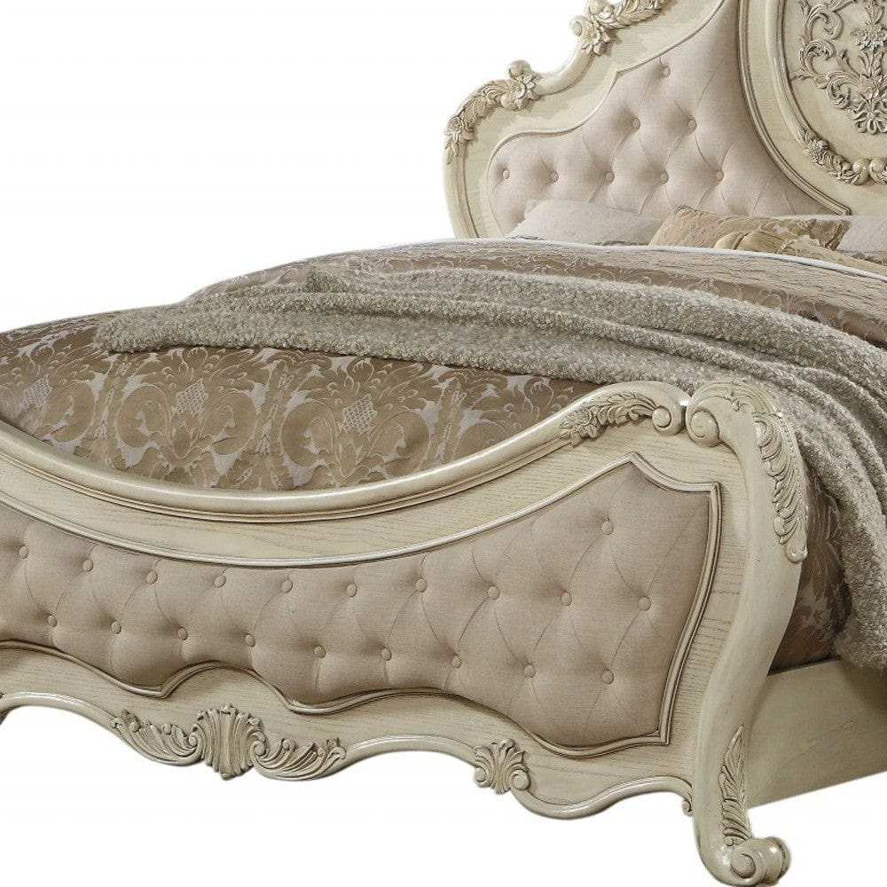 Antiqued White Solid Wood Tufted Upholstered Linen Bed Frame - Homeroots - Flyclothing LLC