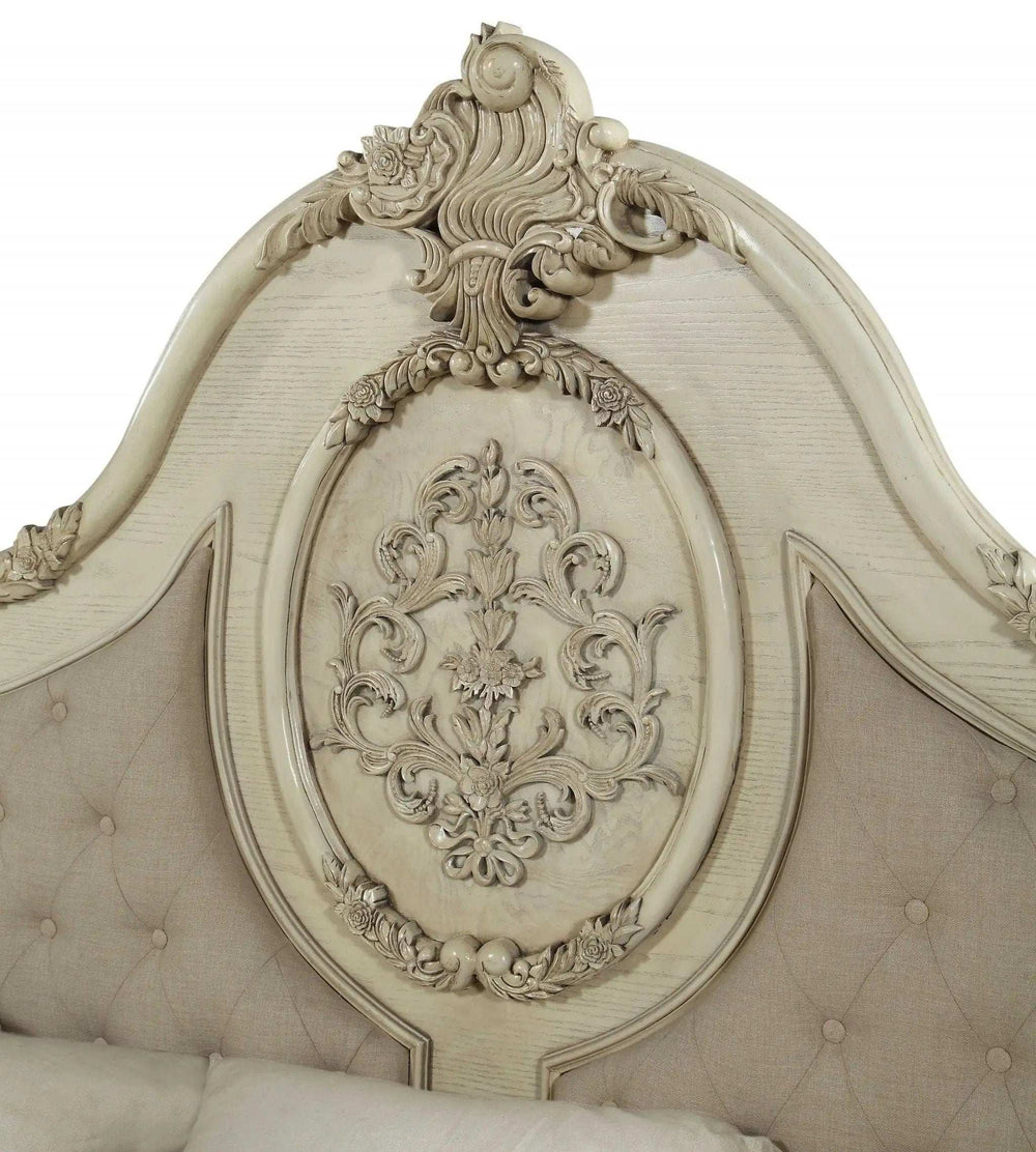 Antiqued White King Tufted Upholstered Linen Bed Frame with Nailhead Trim - Homeroots - Flyclothing LLC