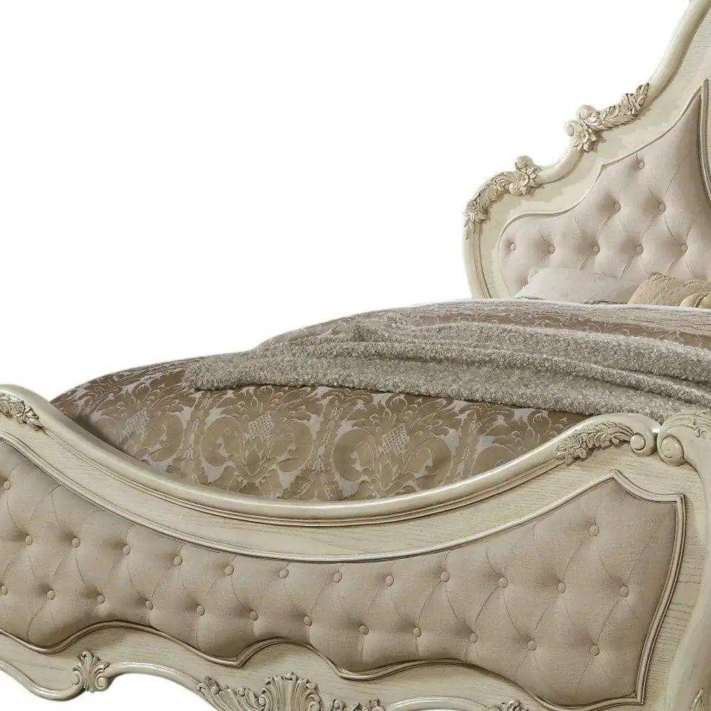 Antiqued White King Tufted Upholstered Linen Bed Frame with Nailhead Trim - Homeroots - Flyclothing LLC