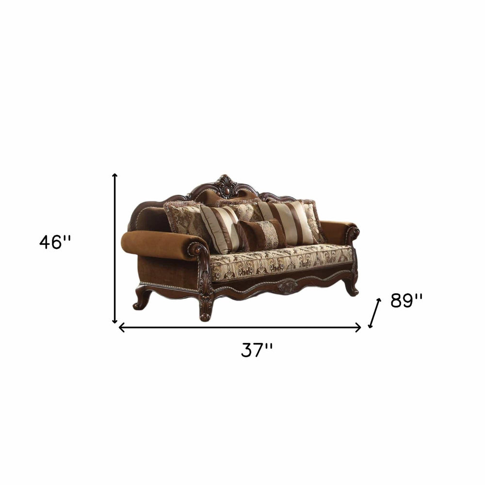 37" Oak Velvet Floral Sofa And Toss Pillows With Espresso Legs - Homeroots - Flyclothing LLC