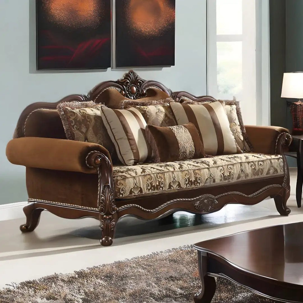 37" Oak Velvet Floral Sofa And Toss Pillows With Espresso Legs - Homeroots - Flyclothing LLC