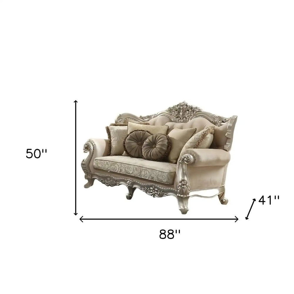 88" Champagne Velvet Curved Floral Sofa And Toss Pillows - Homeroots - Flyclothing LLC