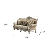 88" Champagne Velvet Curved Floral Sofa And Toss Pillows - Homeroots - Flyclothing LLC
