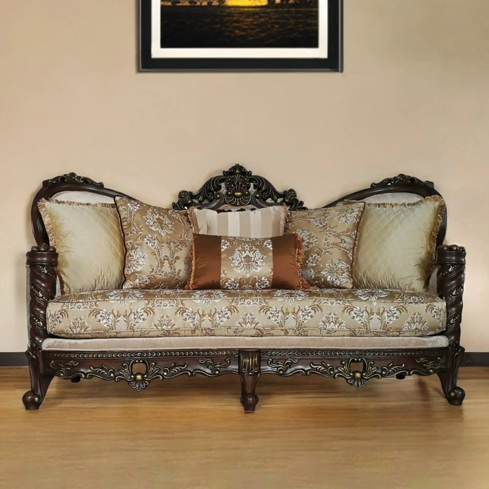 39" Beige Floral Sofa And Toss Pillows With Dark Brown Legs - Homeroots - Flyclothing LLC
