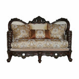 68" Cream And Brown Damask Chesterfield Loveseat and Toss Pillows - Homeroots - Flyclothing LLC