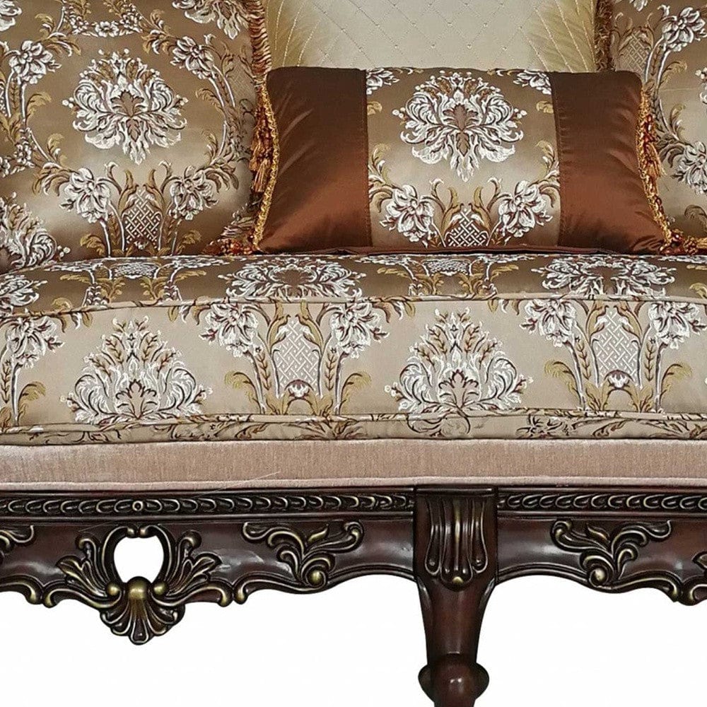 68" Cream And Brown Damask Chesterfield Loveseat and Toss Pillows - Homeroots - Flyclothing LLC