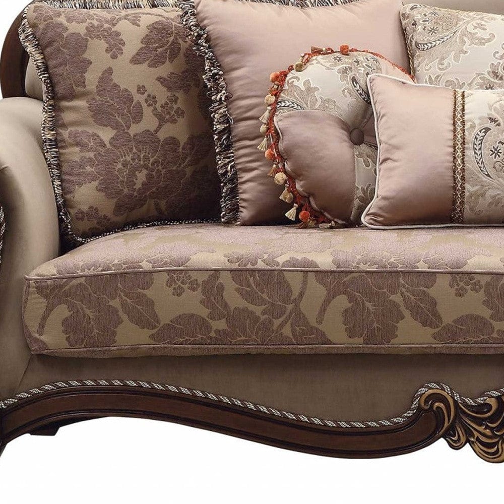 88" Beige Velvet Floral Sofa And Toss Pillows With Brown Legs - Homeroots - Flyclothing LLC