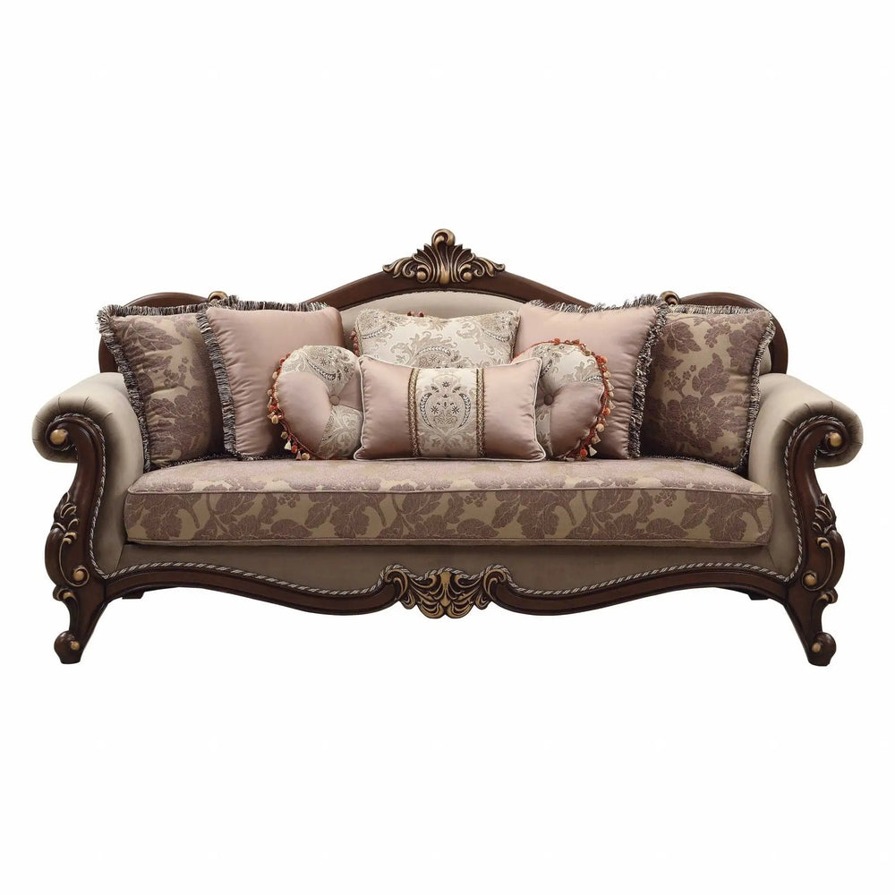 88" Beige Velvet Floral Sofa And Toss Pillows With Brown Legs - Homeroots - Flyclothing LLC