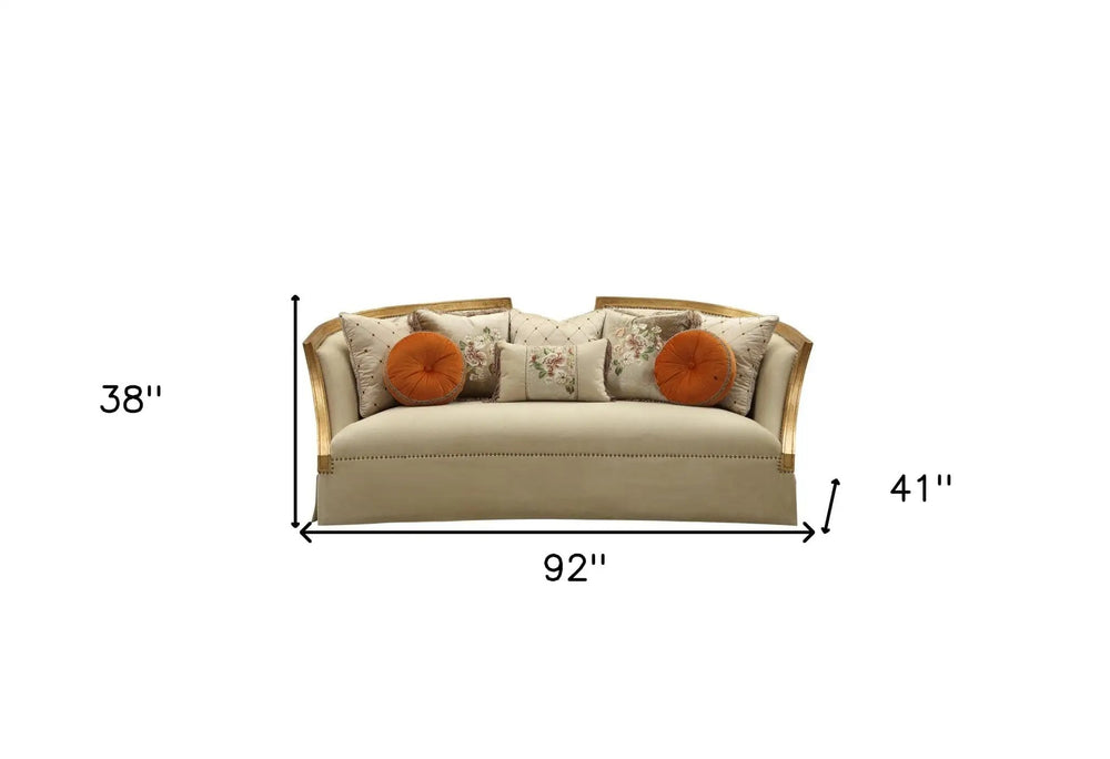 41" Beige Velvet Curved Sofa And Toss Pillows With Natural Legs - Homeroots - Flyclothing LLC