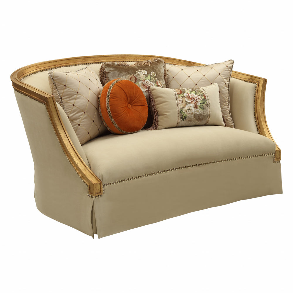 70" Tan And Gold Curved Loveseat and Toss Pillows - Homeroots - Flyclothing LLC