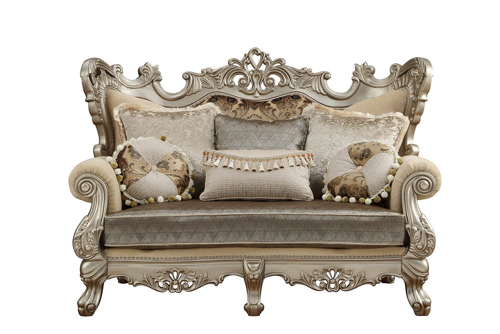 72" Cream And Platinum Damask Chesterfield Loveseat and Toss Pillows - Homeroots - Flyclothing LLC