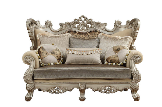 72" Cream And Platinum Damask Chesterfield Loveseat and Toss Pillows - Homeroots