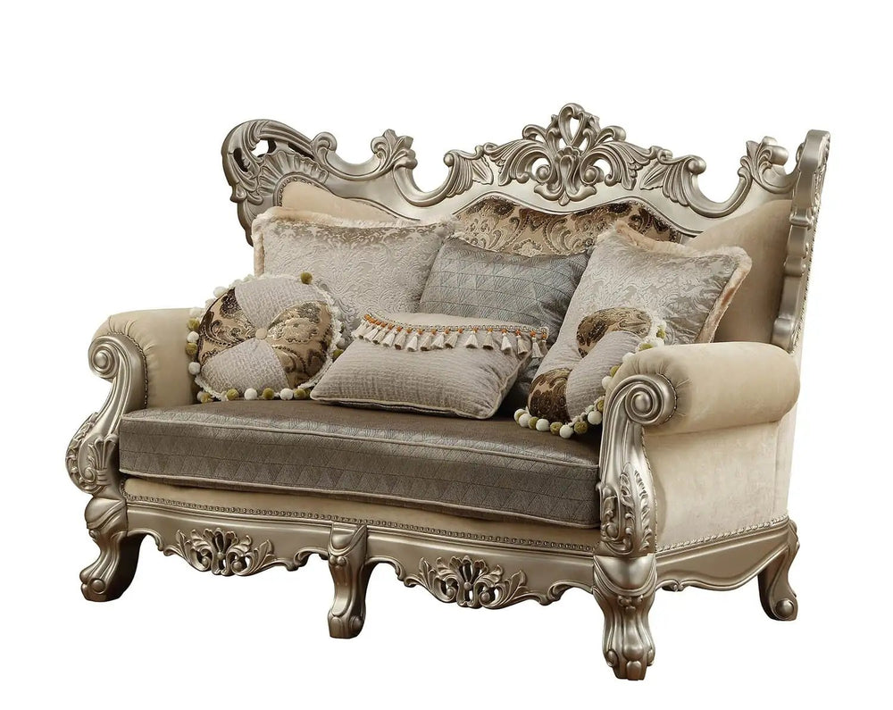 72" Cream And Platinum Damask Chesterfield Loveseat and Toss Pillows - Homeroots - Flyclothing LLC