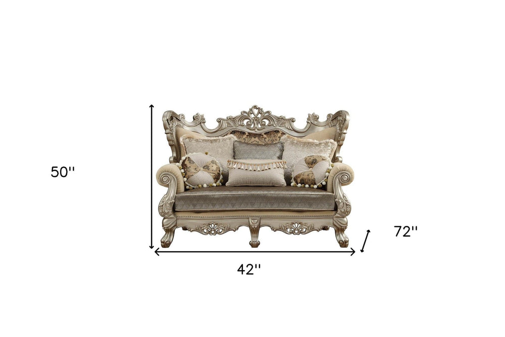 72" Cream And Platinum Damask Chesterfield Loveseat and Toss Pillows - Homeroots - Flyclothing LLC