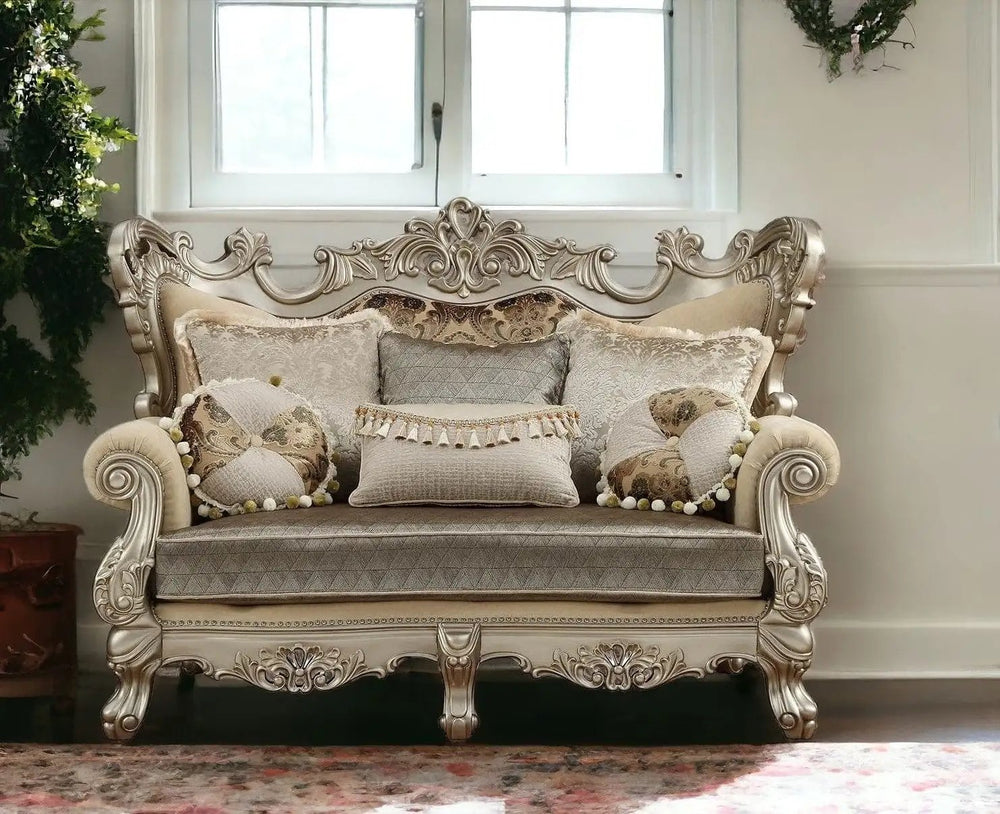72" Cream And Platinum Damask Chesterfield Loveseat and Toss Pillows - Homeroots - Flyclothing LLC