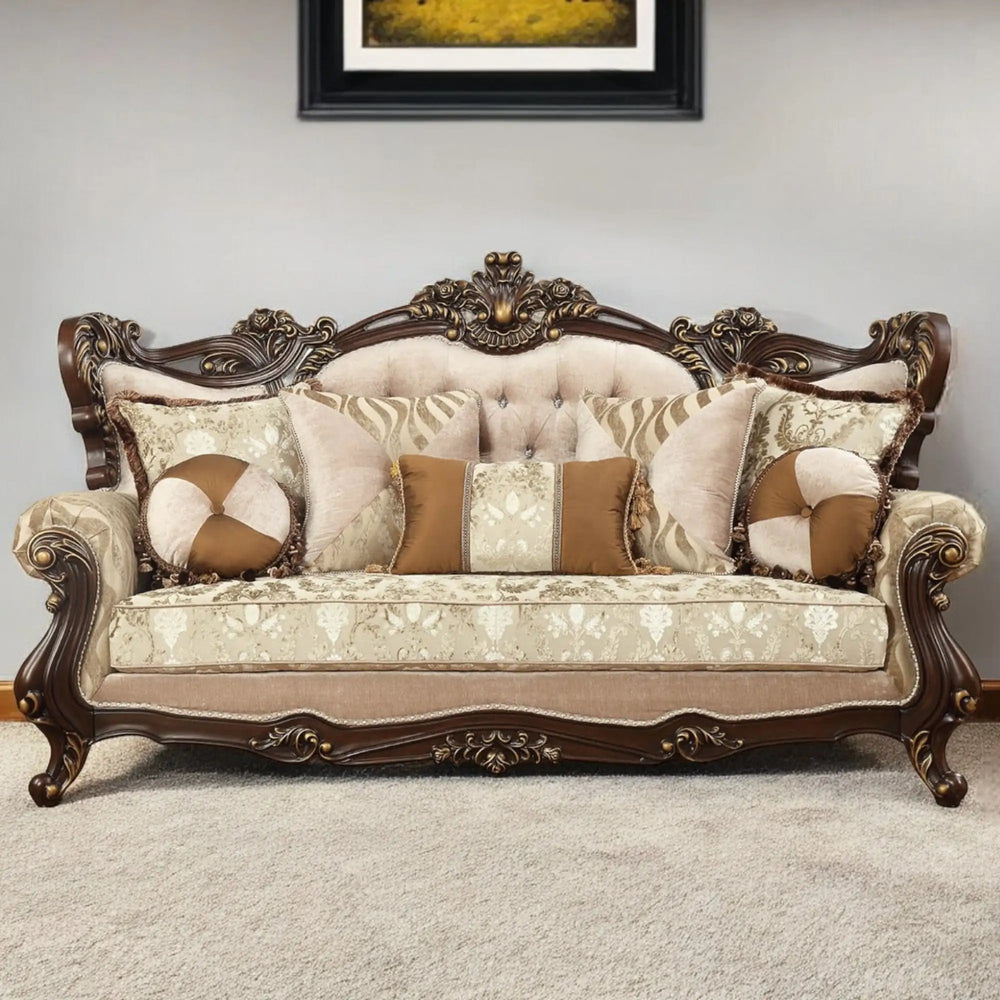 42" Beige Polyester Blend Curved Damask Sofa And Toss Pillows With Brown Legs - Homeroots - Flyclothing LLC